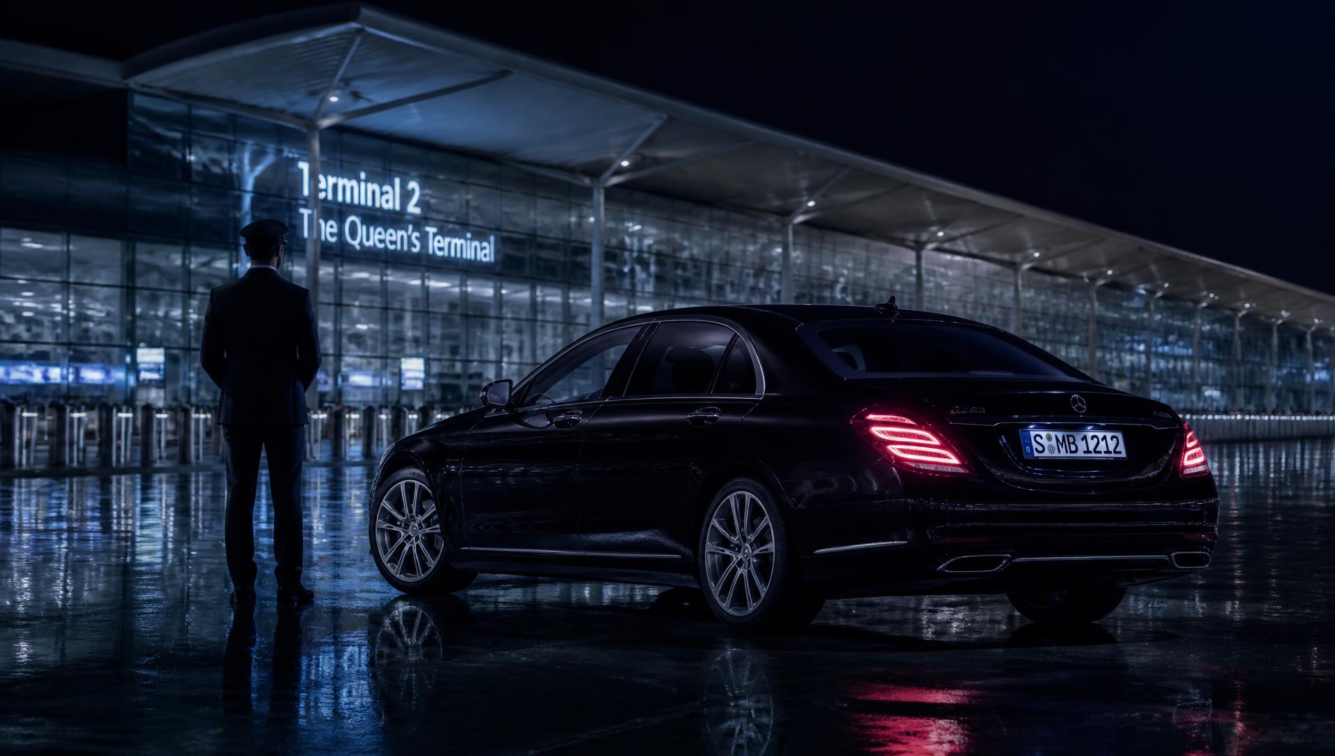 Berline de luxe DMB devant un terminal d'aéroport de nuit